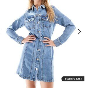 ASOS DESIGN denim long sleeve fitted shirt mini dress in mid blue
